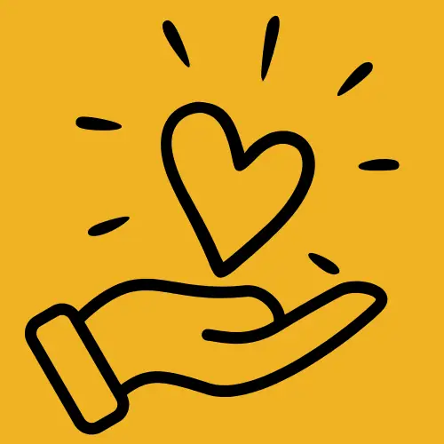 Une main tenant un cœur stylisé, symbolisant l'entraide et la solidarité, illustrant l'engagement de La Pepiterre pour le soutien communautaire et le partage.